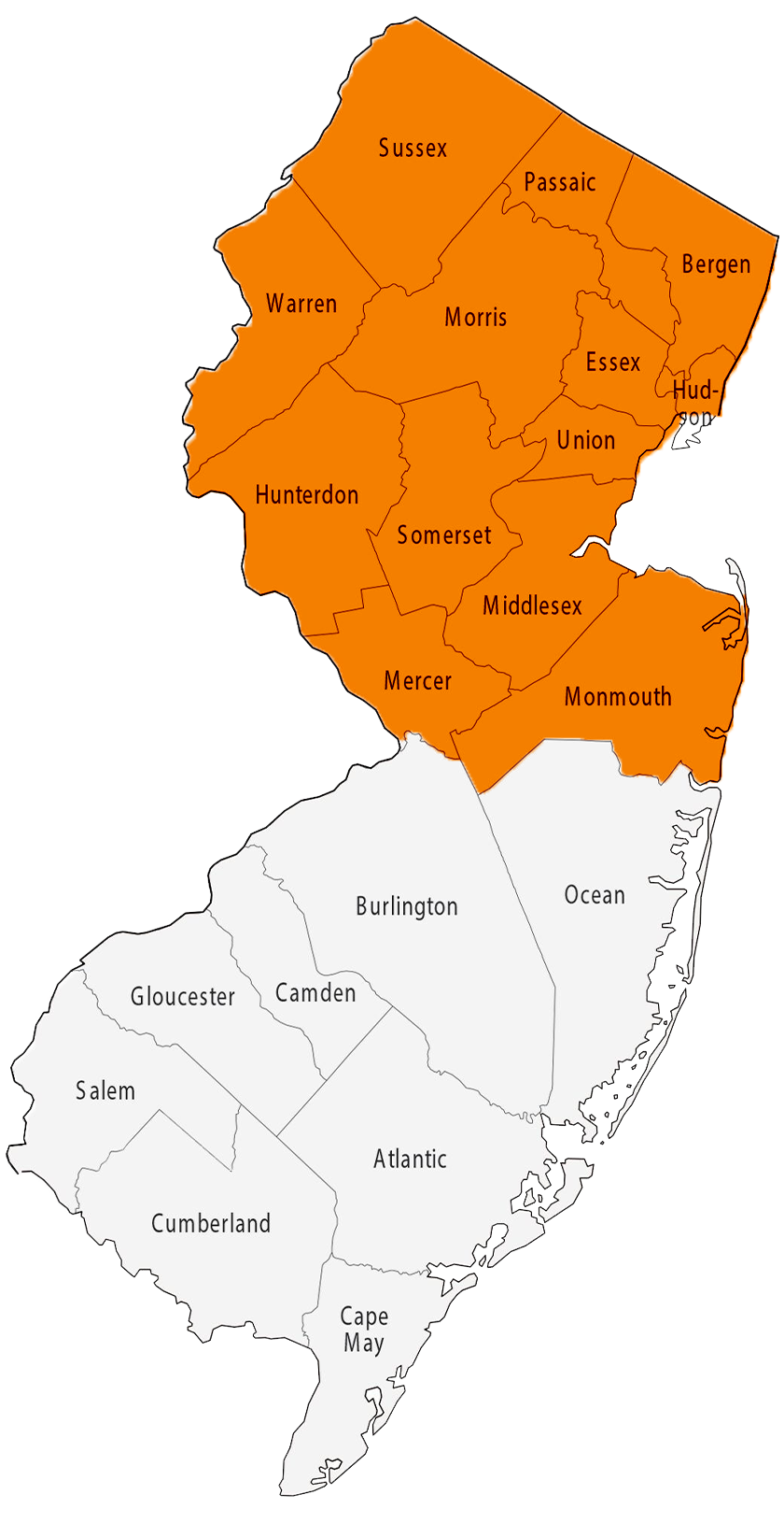 Beckage Sealcoating commercial service area: northern and central New Jersey counties including Sussex, Bergen, Passaic, Morris, Essex, Hunterdon, Somerset, Middlesex, Mercer, and Monmouth