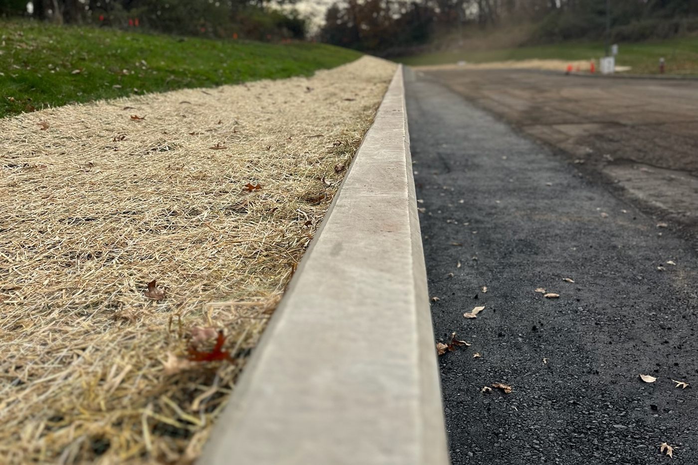 Finished cast-in-place concrete curb running along a freshly paved asphalt drive, straw-mulched shoulder alongside, installed by Beckage Sealcoating in New Jersey